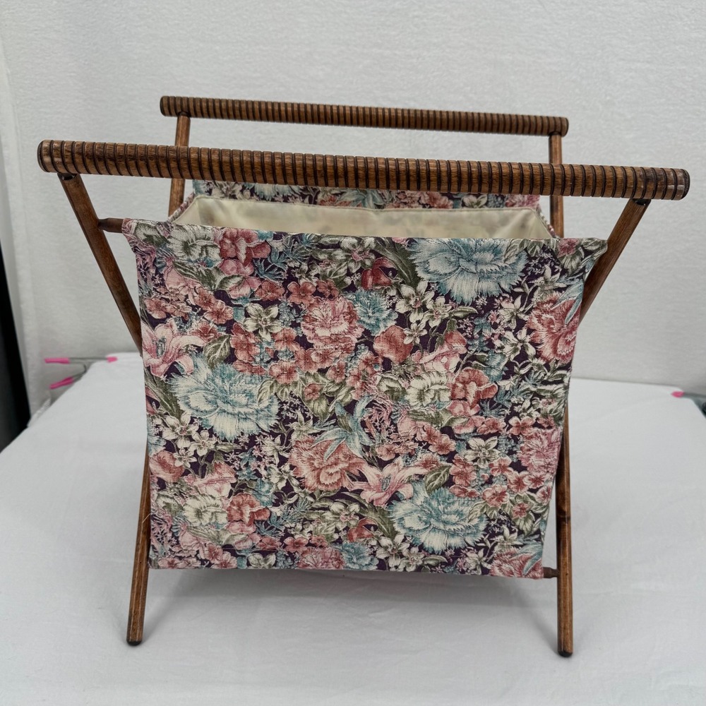 Vintage Cottagecore Floral Tapestry Knitting Caddy Yarn Basket Folding Storage